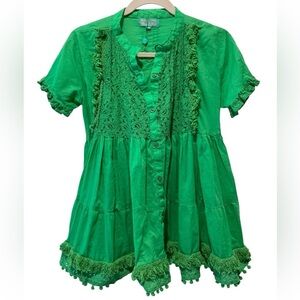 ANTICA SARTORIA Girls Green Pom Pom Ruffle Boho Dress Size 12 EUC
